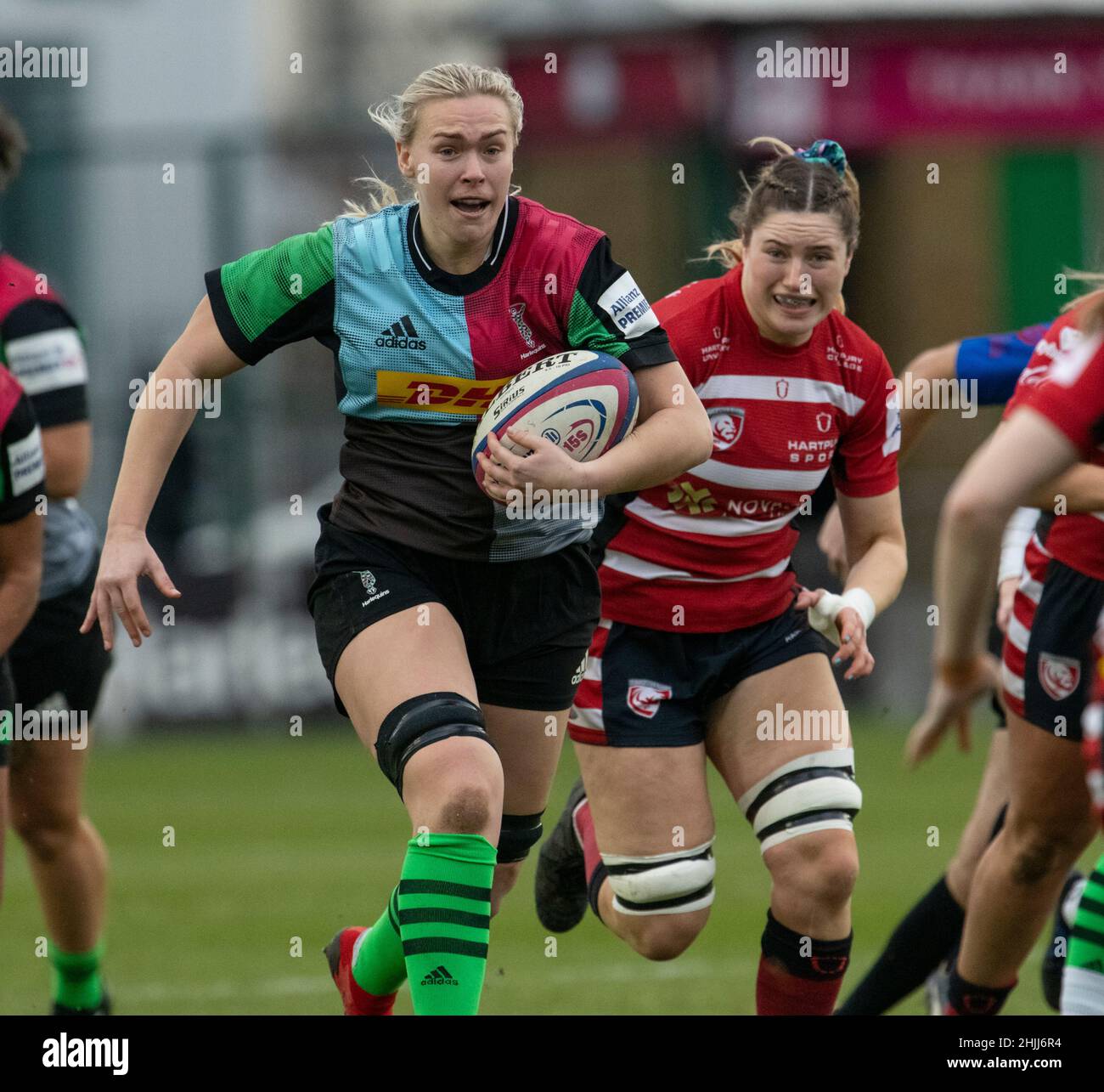 TWICKENHAM - INGHILTERRA 29 JAN 22: Rosie Galligan di Harlequins in azione durante Allianz Premier 15s Match tra Harlequins Women e Gloucester-Hartpu Foto Stock