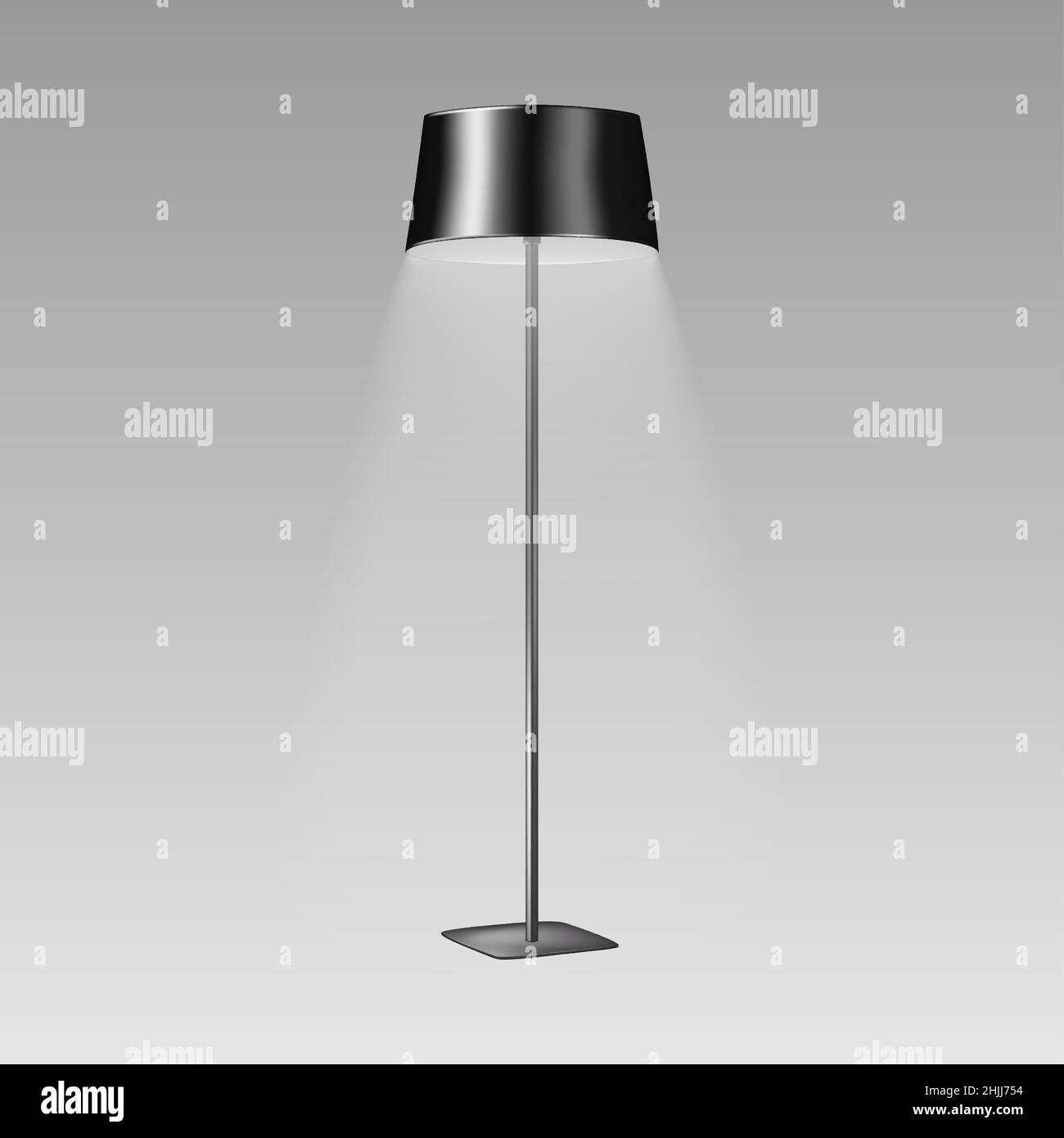 Piantana con paralume nero. Illuminazione interna moderna. Illustrazione vettoriale realistica Illustrazione Vettoriale