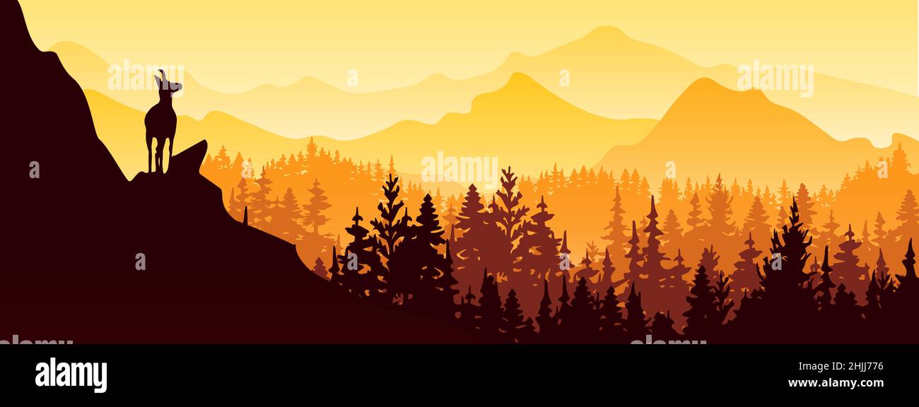 Un camoscio si erge sulla cima di una collina con montagne e foreste sullo sfondo. Silhouette nera con sfondo arancione, giallo e marrone. Illustrazione Illustrazione Vettoriale