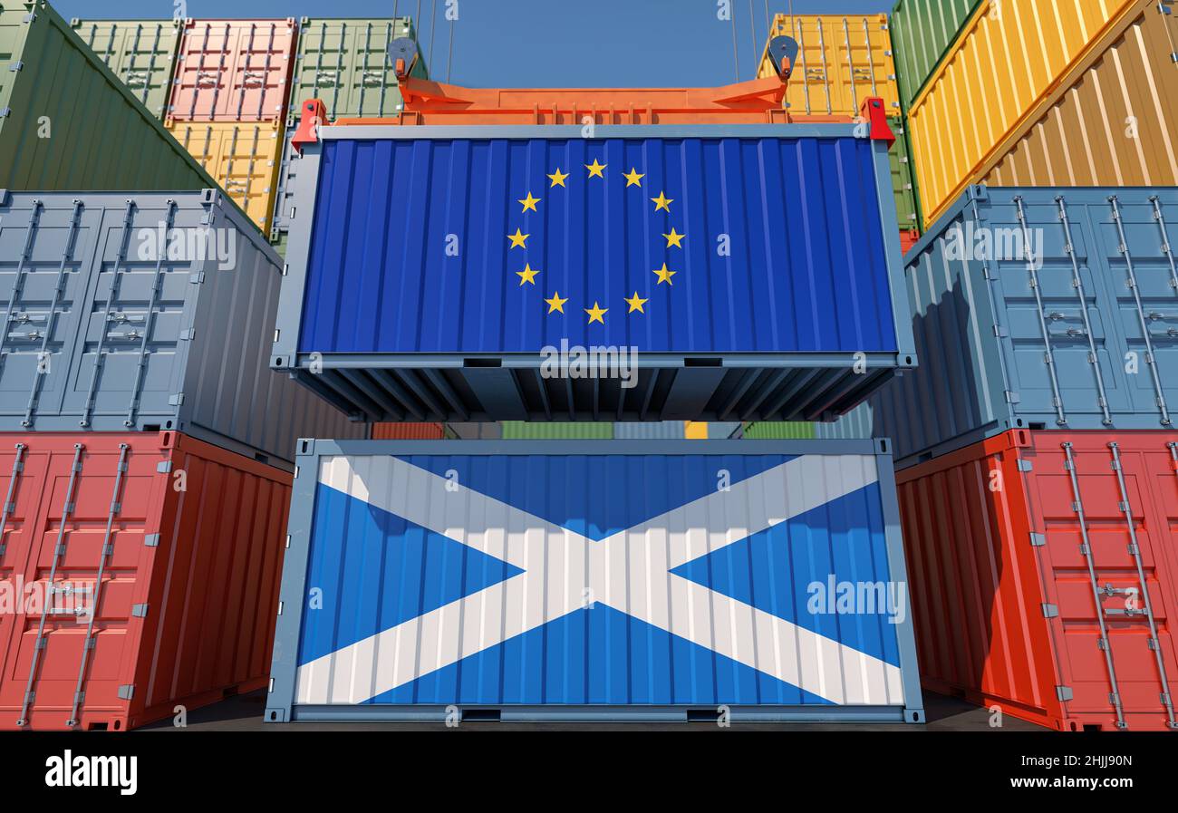 Container merci con bandiere dell'Unione europea e della Scozia. 3D rendering Foto Stock
