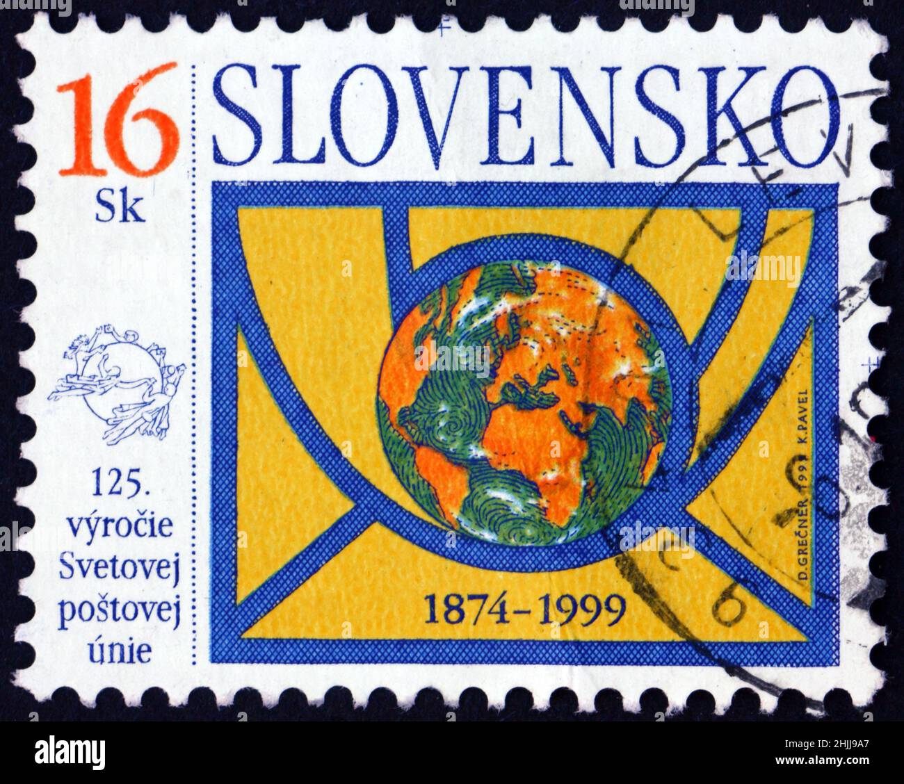 SLOVACCHIA - CIRCA 1999: Un francobollo stampato in Slovacchia dedicato all'UPU (Unione postale universale), 125th anni, circa 1999 Foto Stock