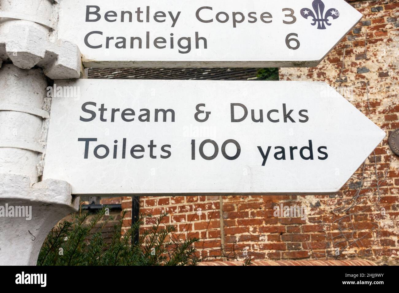 Cartello turistico verso il 'Stram & Ducks' a Shere, un bellissimo villaggio inglese per eccellenza vicino a Guildford, Surrey, Regno Unito. Foto Stock