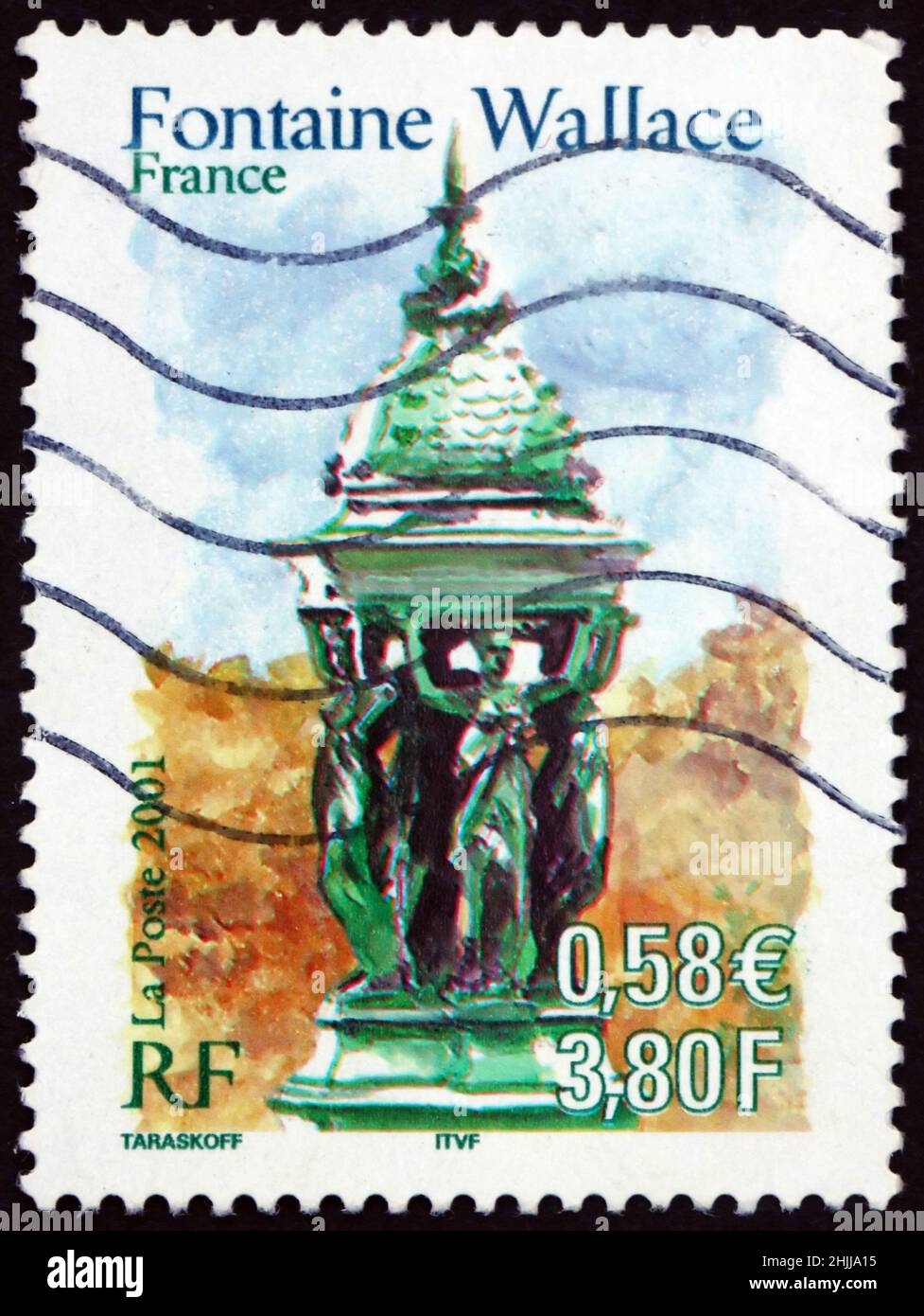 FRANCIA - CIRCA 2001: Un francobollo stampato in Francia mostra Wallace fontana, Parigi, eredità culturale Francia-Marocco, circa 2001 Foto Stock