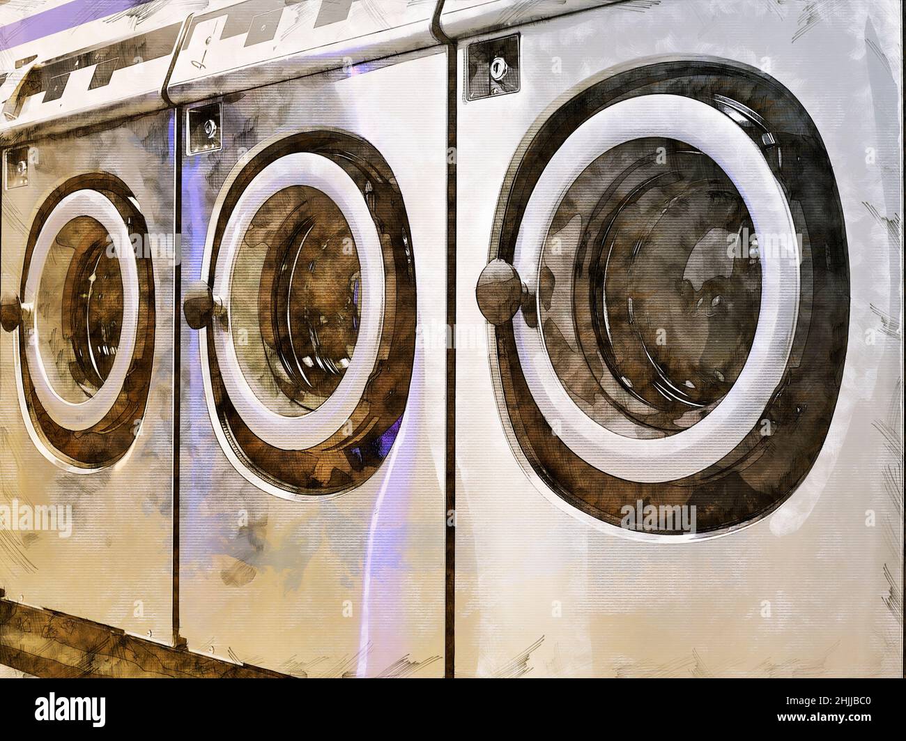 Illustrazione disegno di una fila di lavatrici industriali in una lavanderia pubblica Foto Stock