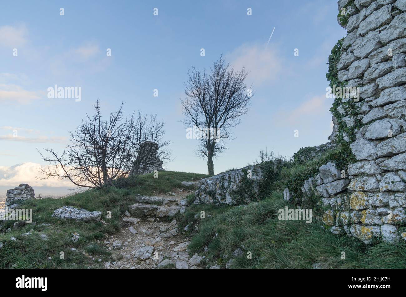 Castello medievale di Crussol, granges Guilherang vicino Valence, Valle del Rodano, Ardeche, Rodano Alpi, Francia, Europa Foto Stock