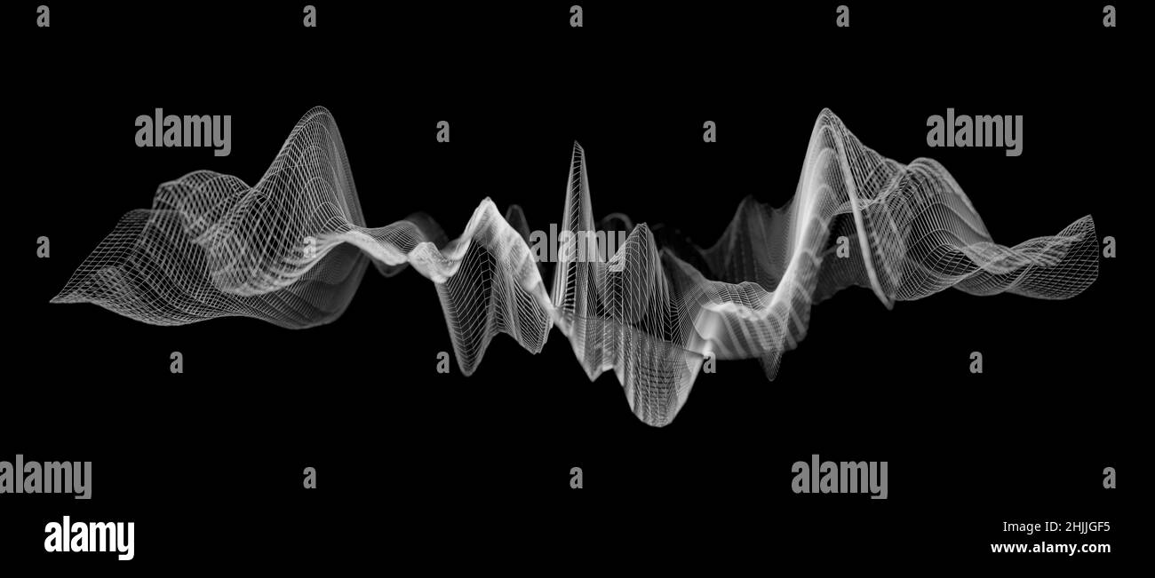 Forma d'onda a reticolo su sfondo nero, visualizzazione di onde sonore bianche astratte o concetto di equalizzatore acustico Foto Stock