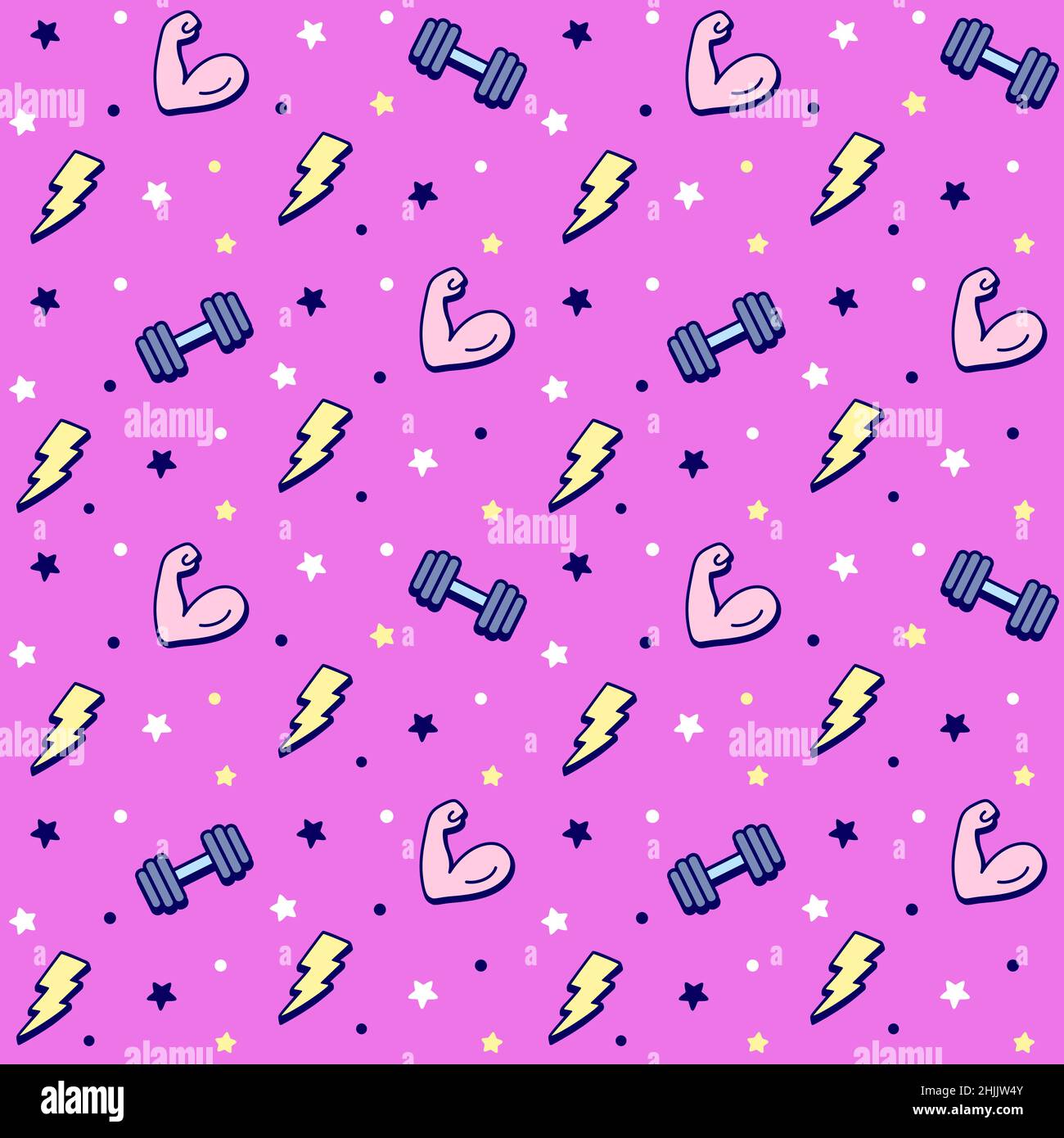 Modello di sollevamento pesi Cartoon fitness con manubri, fulmini e bicipiti flessibili. Carino scarabocchi disegnati a mano, stile fumetto luminoso. Senza giunture vettoriali Illustrazione Vettoriale
