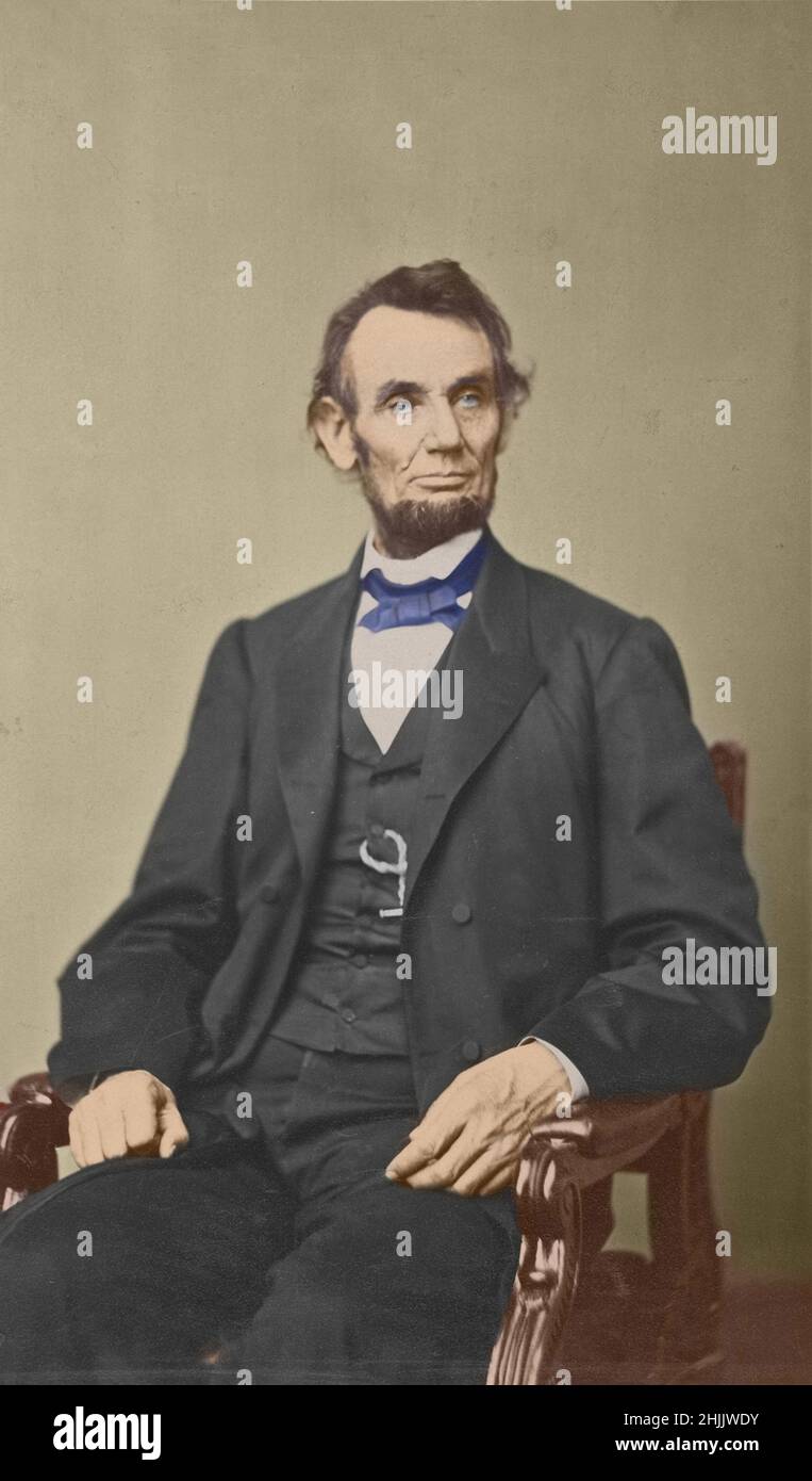 Ritratto foto del presidente Abraham Lincoln da 1863 manualmente colorato. Era un politico americano che guidava gli Stati Uniti durante la guerra civile. Foto Stock