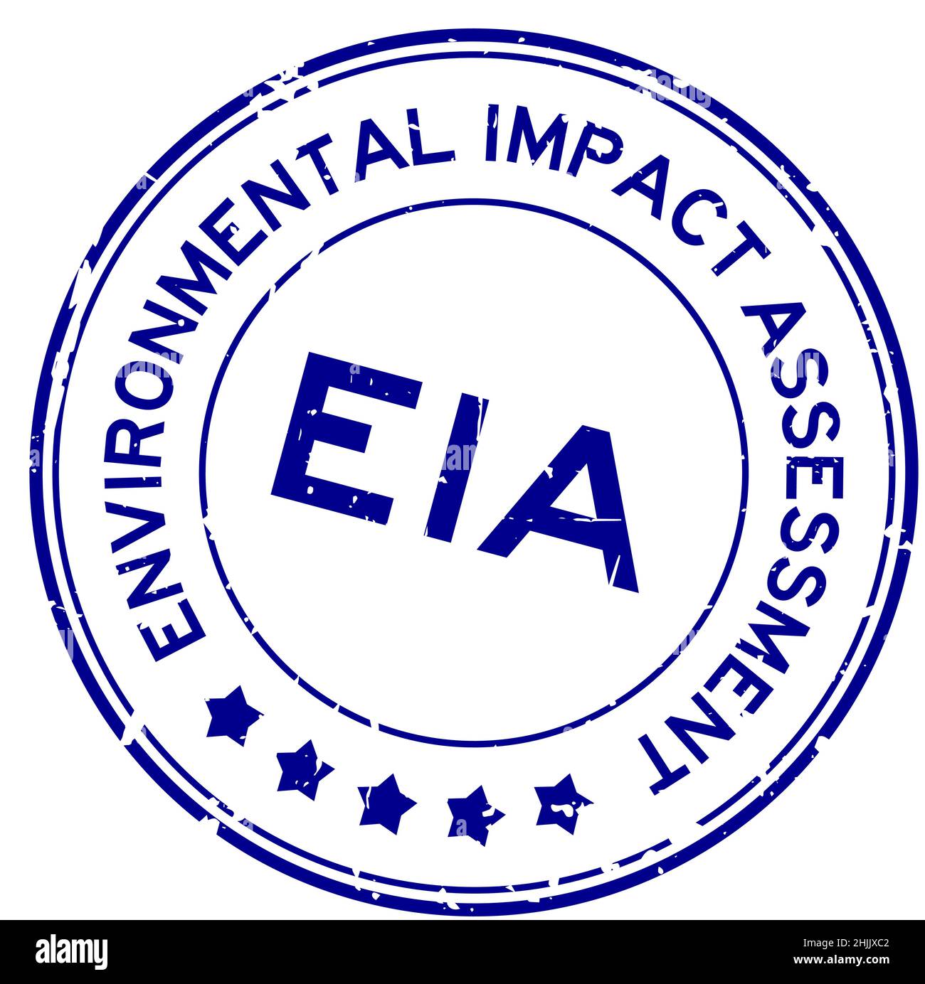 Grunge blu EIA Environmental Impact Assessment Word rotondo sigillo in gomma timbro su sfondo bianco Illustrazione Vettoriale