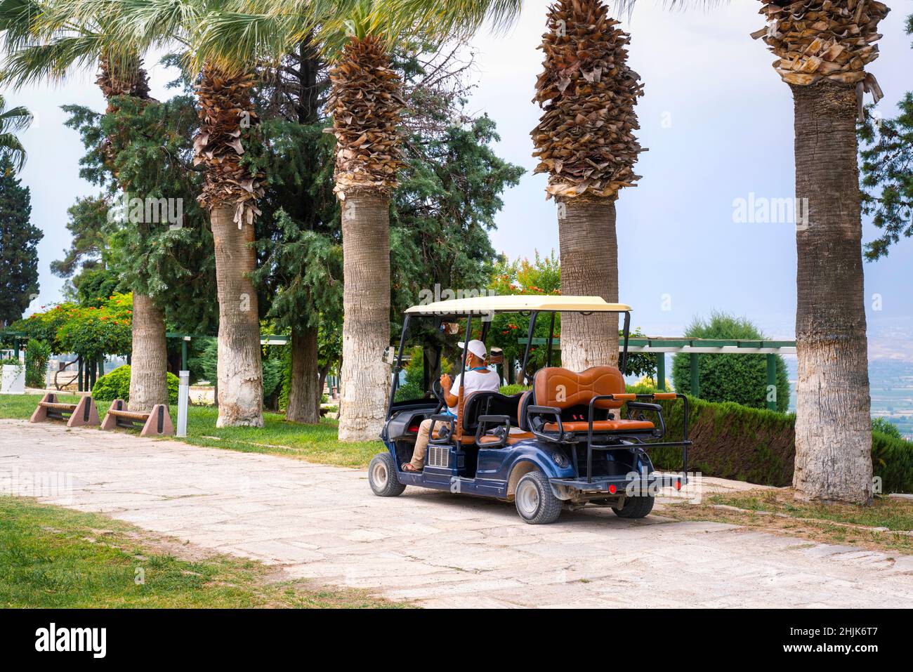 golf cart sotto le palme per il trasporto di turisti nel Parco Pamukkale. Foto Stock