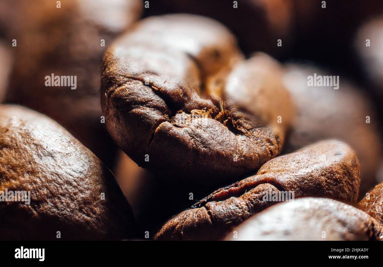 Dettaglio dei chicchi di caffè arrosto. Macro fotografia di chicchi di caffè. Foto Stock
