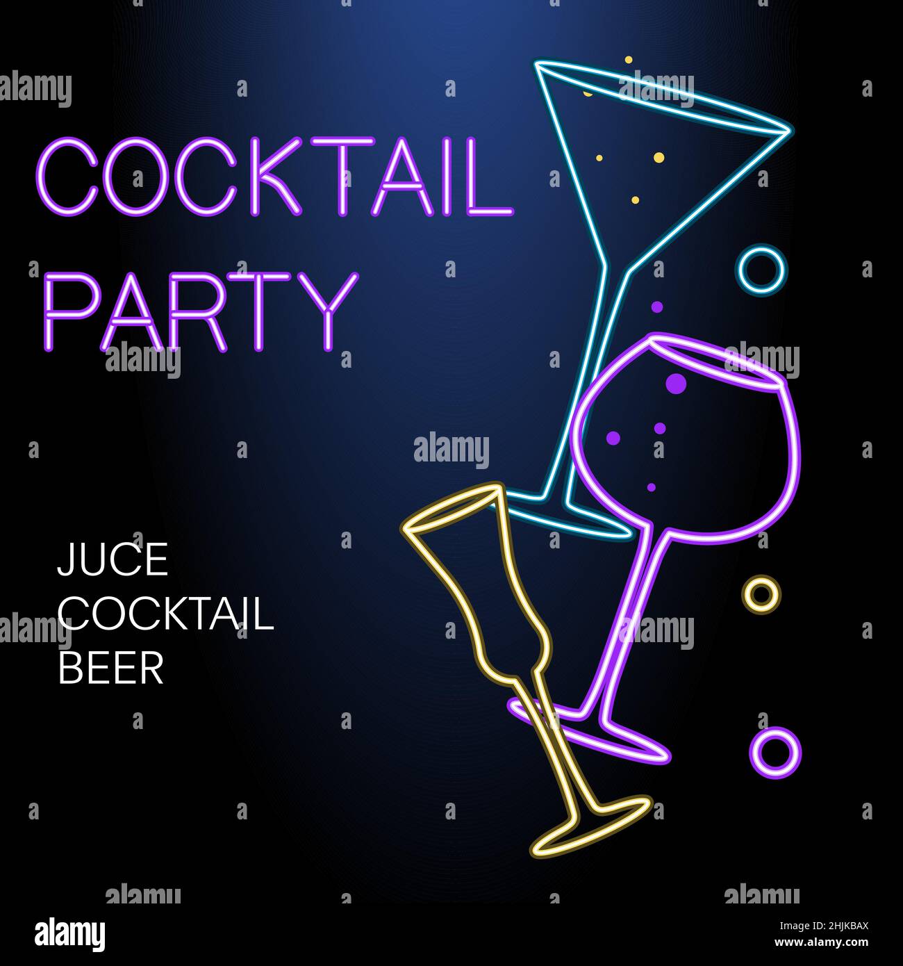 Volantino per cocktail party serale. Cartello al neon, luminoso cartello alcolico Illustrazione Vettoriale
