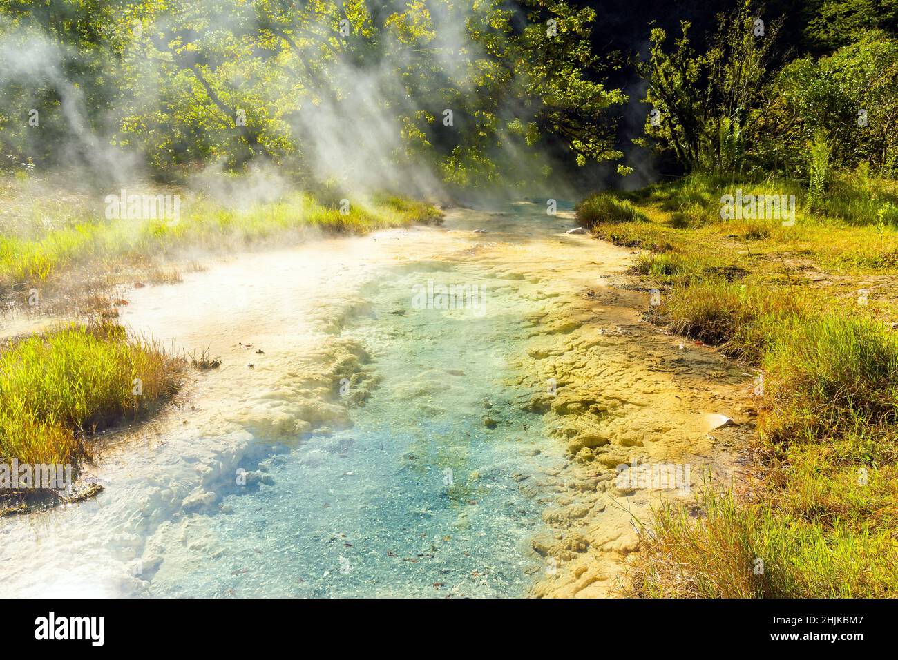Fonte naturale di idrogeno-zolfo nel Caucaso in estate Foto Stock
