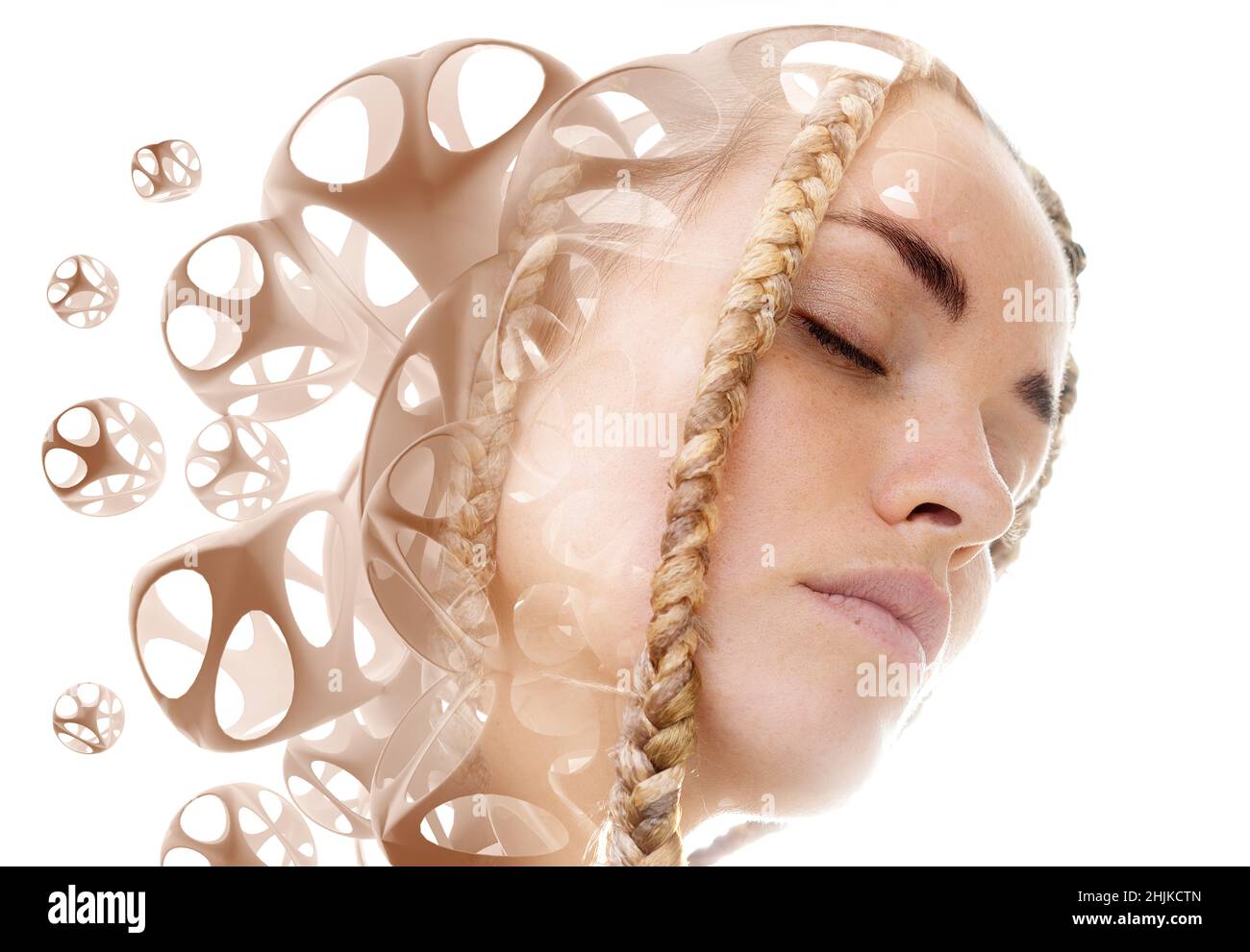 Un ritratto di una donna combinato con più buey 3D sfere. Foto Stock