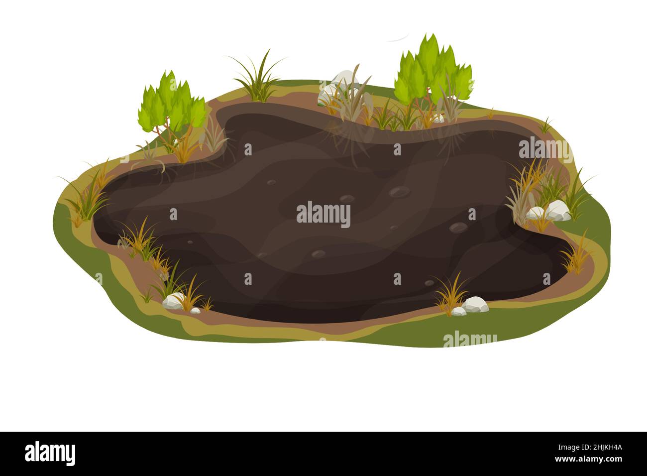 Pudle di fango sporco, palude con pietra, erba in stile cartoon isolato su sfondo bianco. Terreno umido naturale, laghetto forestale, clip lago art. . Illustrazione vettoriale Illustrazione Vettoriale
