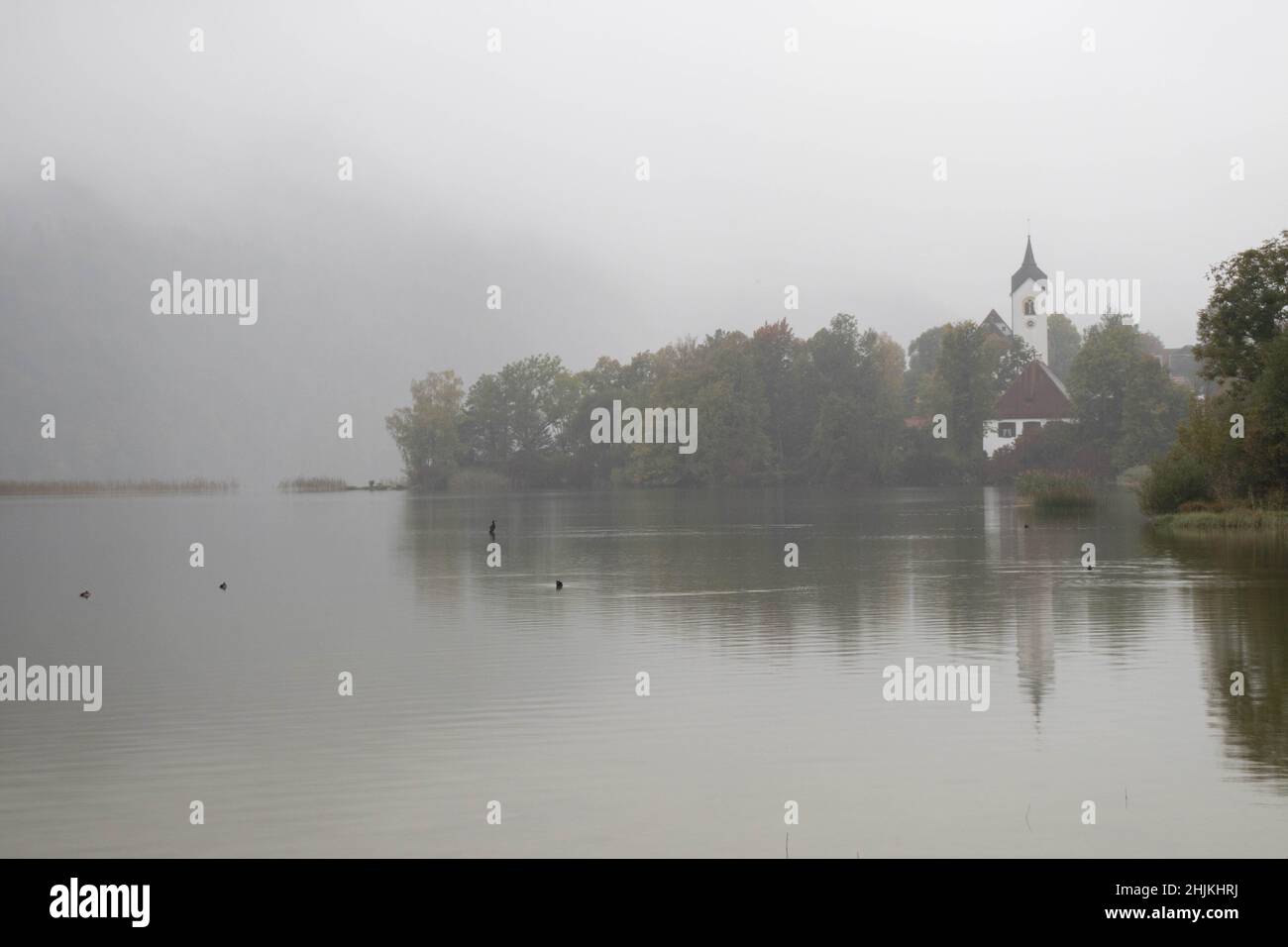 Die Nebel verhangene Landschaft des Weißensee macht einen mystischen Eindruck Foto Stock