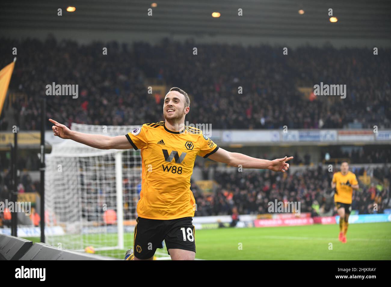 Il calciatore di lupi Diogo Jota celebra il suo obiettivo Wolverhampton Wanderers / Leicester City al Molineux Stadium 19/01/2019 - English Premier League Foto Stock