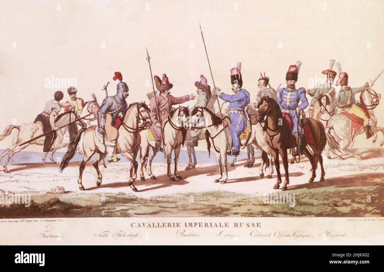 Truppe straniere e irregolari dell'Impero Russo. Incisione del 18th secolo. Foto Stock