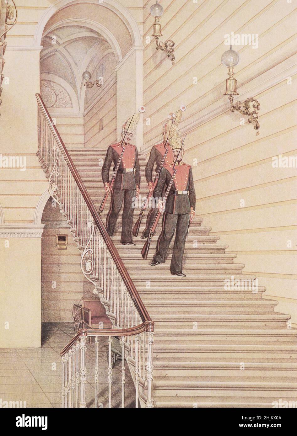 Guardiani del reggimento Pavlovsky nel Palazzo d'Inverno di San Pietroburgo. Pittura di 1869. Foto Stock