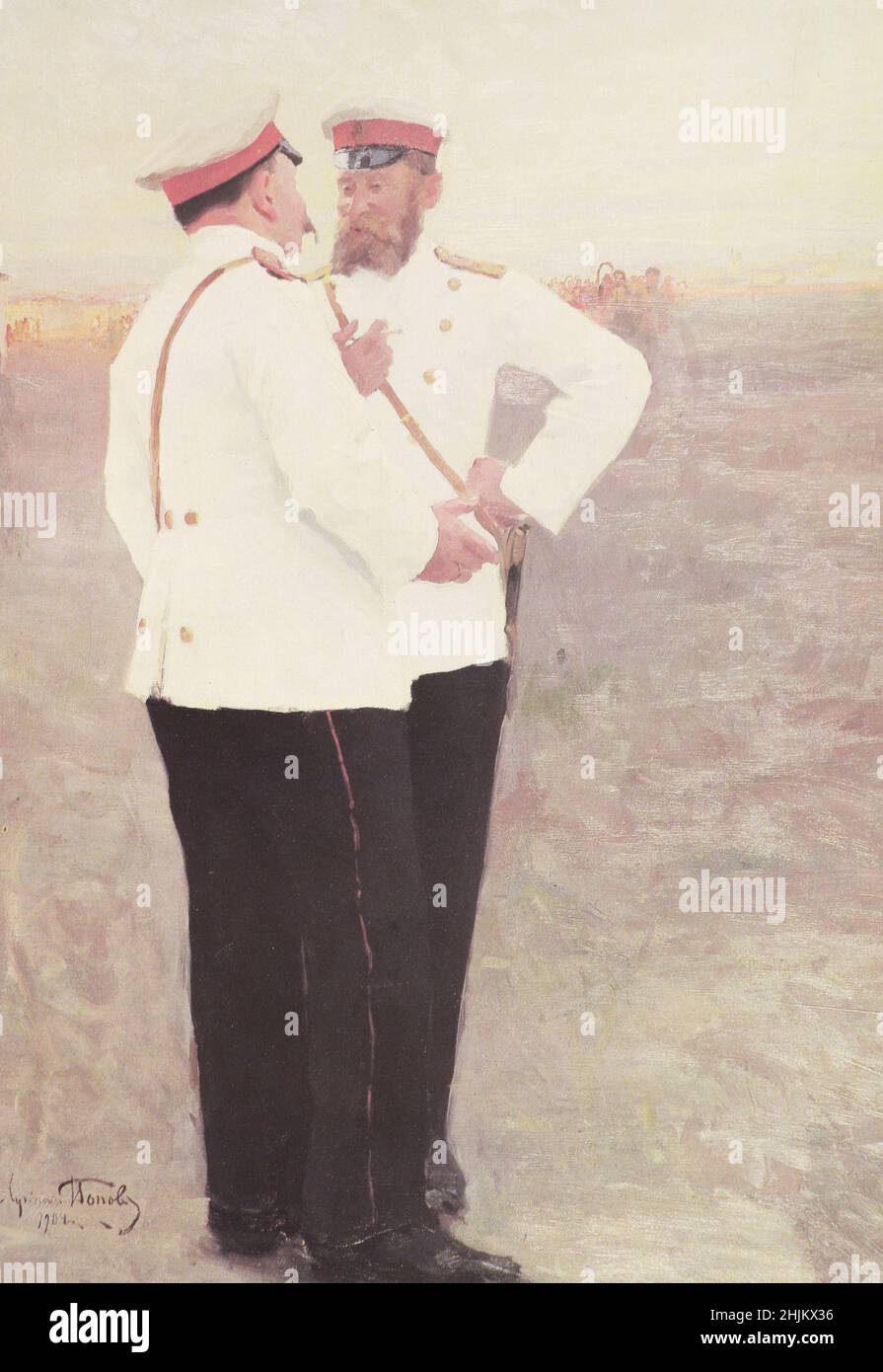 Dipingere 'preso'. Frammento del dipinto del 1904 raffigurante due ufficiali dell'esercito russo. Foto Stock