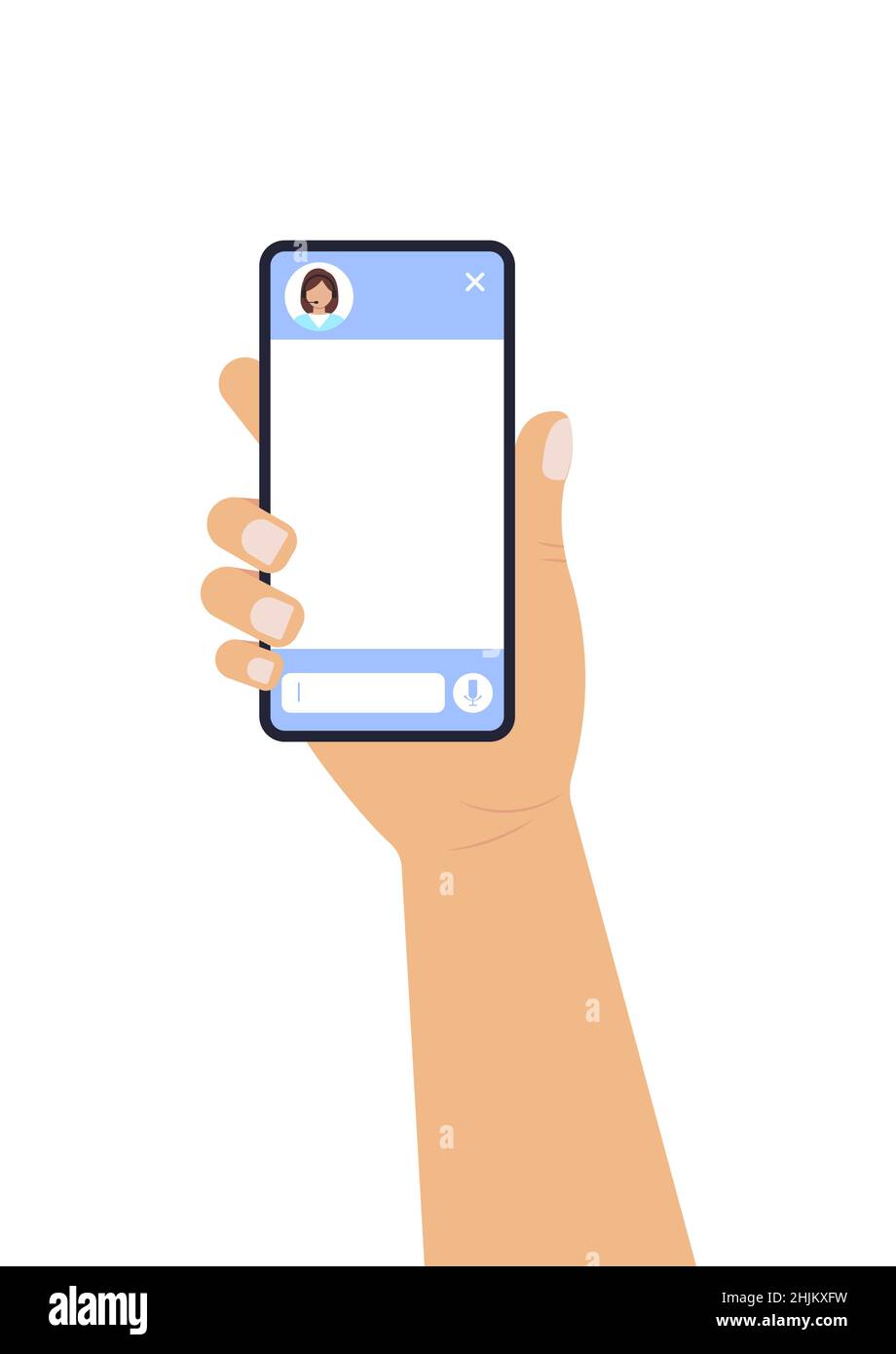 Chat bot dialoge finestre sullo schermo dello smartphone con donna in cuffia. Illustrazione Vettoriale