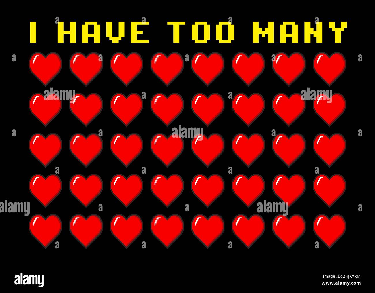 Un divertente poster retrò, pixel art 8-bit stile: Un sacco di rosso cuore forme con il testo ho troppi cuori. Foto Stock