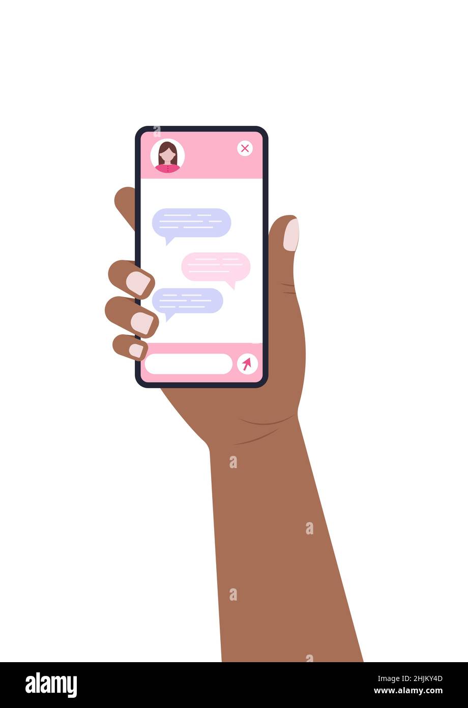 Chat bot dialoge finestre con donna su smartphone schermo piatto design isolato. Illustrazione Vettoriale