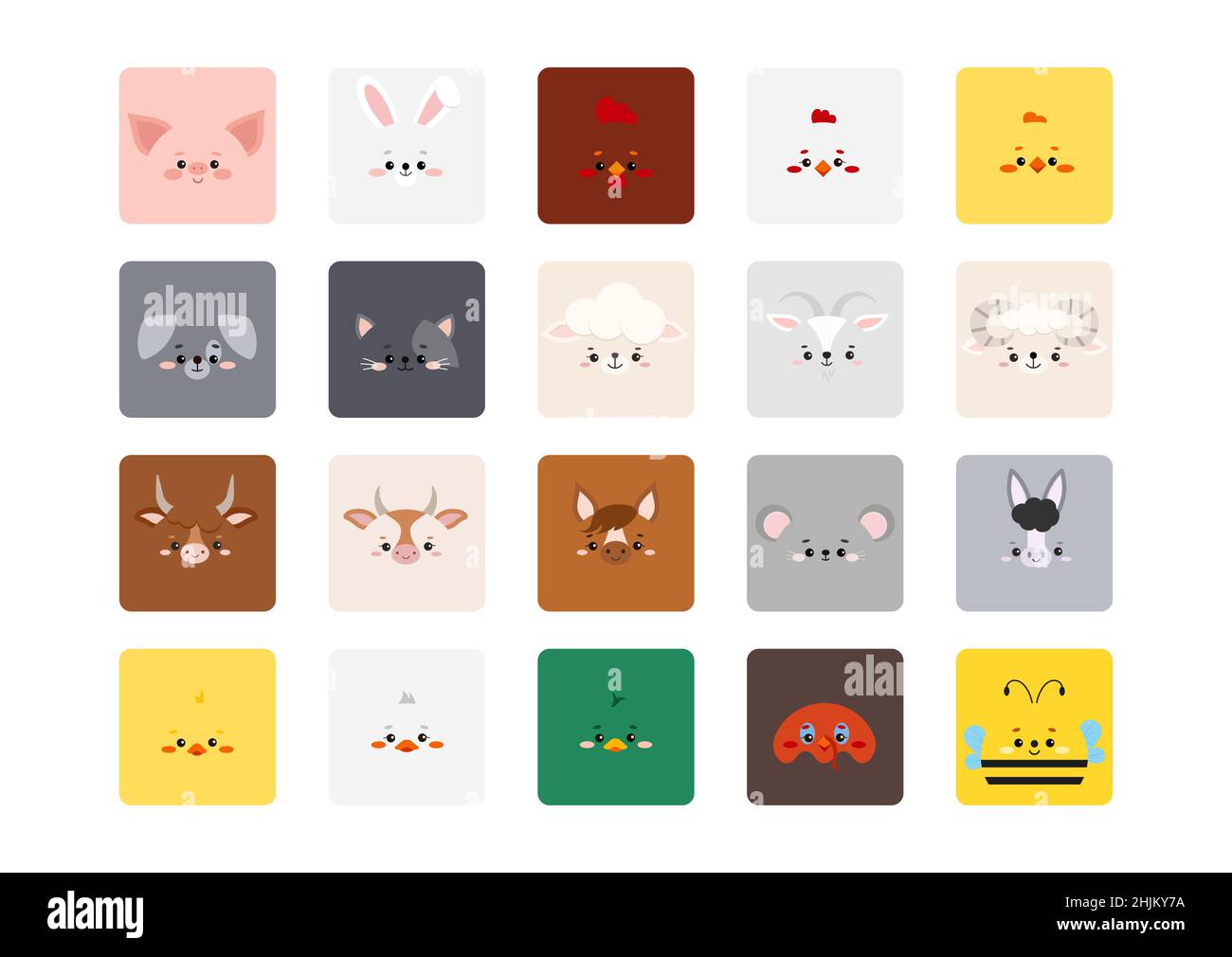 Quadrato fattoria animale facce cute icona set isolato su sfondo bianco. Illustrazione Vettoriale
