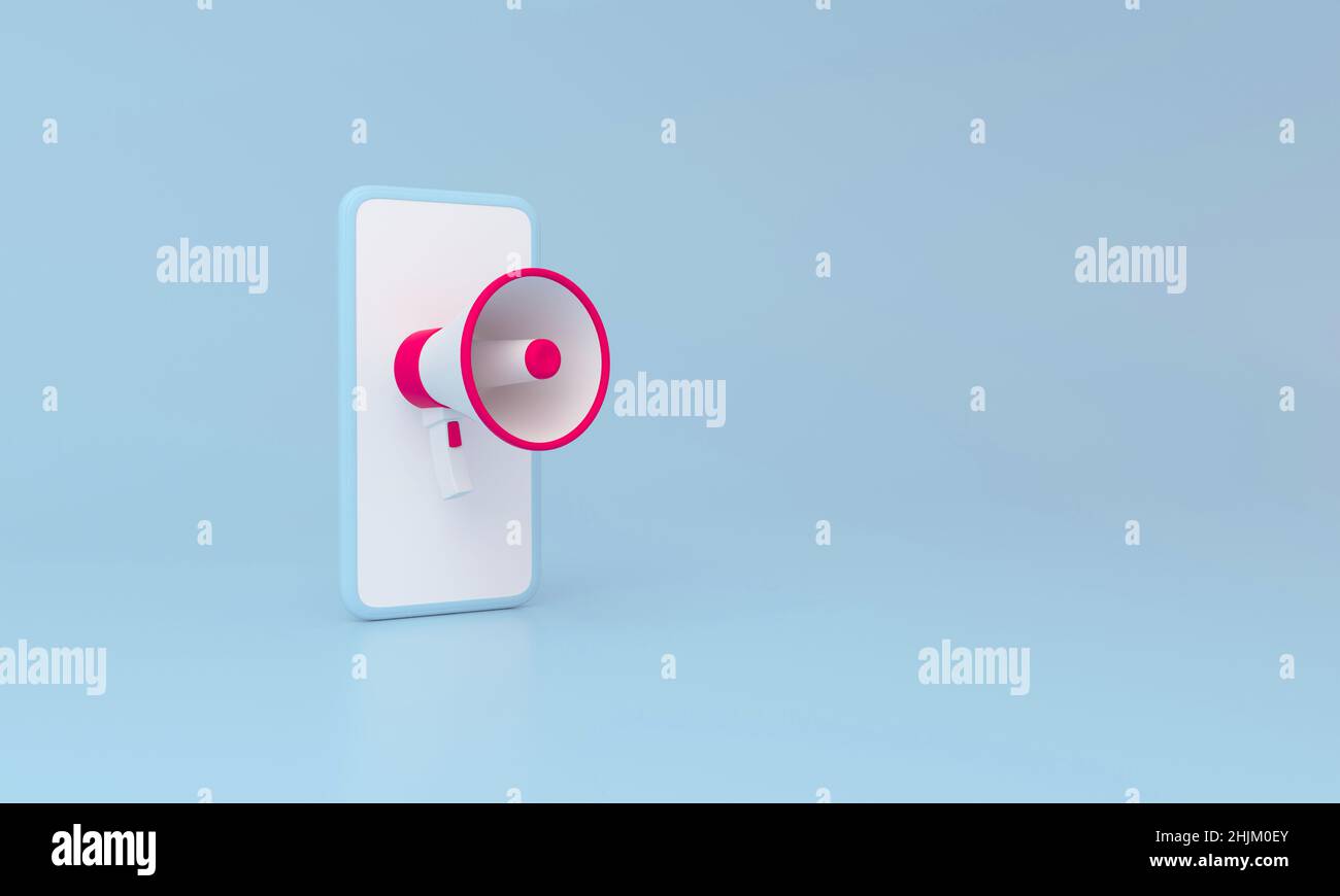 Megafono e smartphone su sfondo blu minimo. 3D rendering. Foto Stock