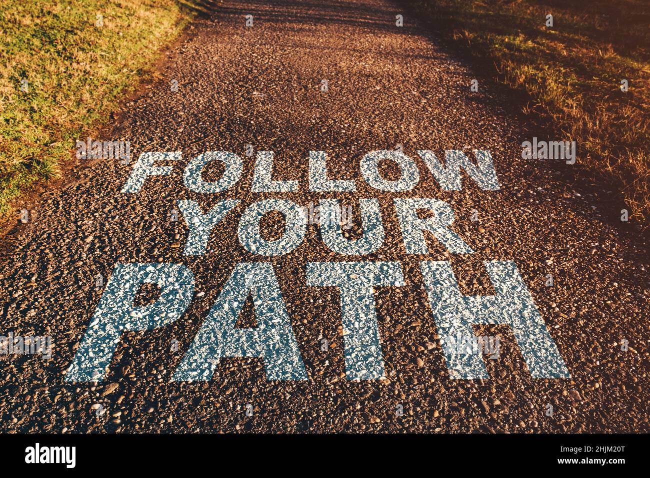 Segui il tuo concetto di percorso, asfalto sentiero in prospettiva decrescente, fuoco selettivo Foto Stock