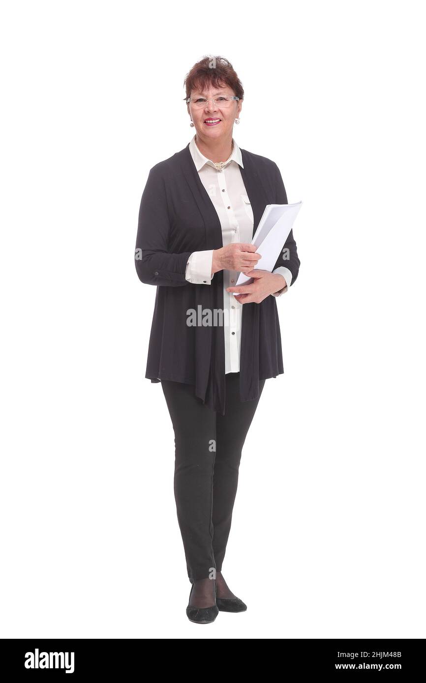 Donna d'affari felice anziana con documenti finanziari Foto Stock