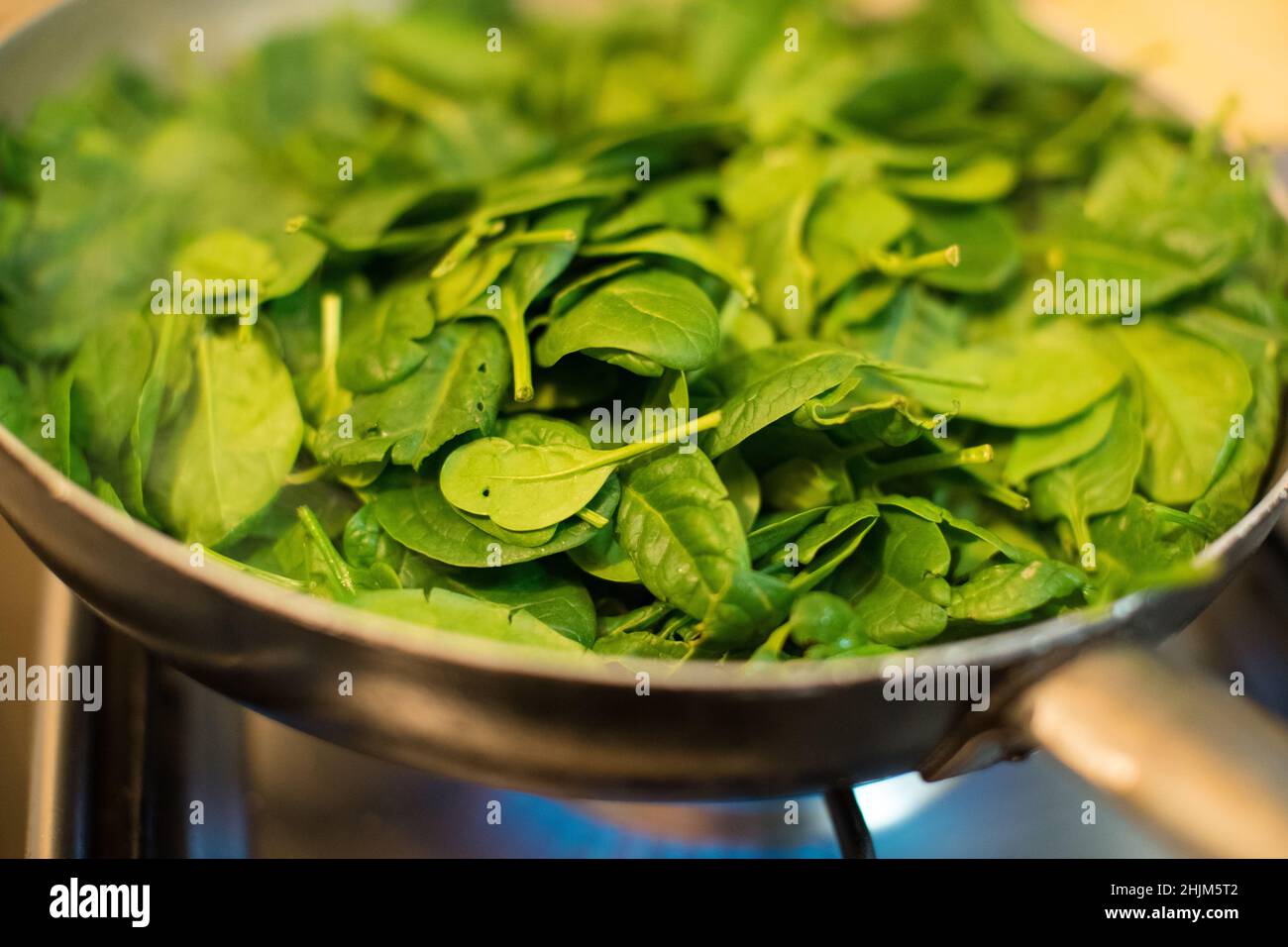 Spinaci in una pentola con fuoco acceso Foto Stock