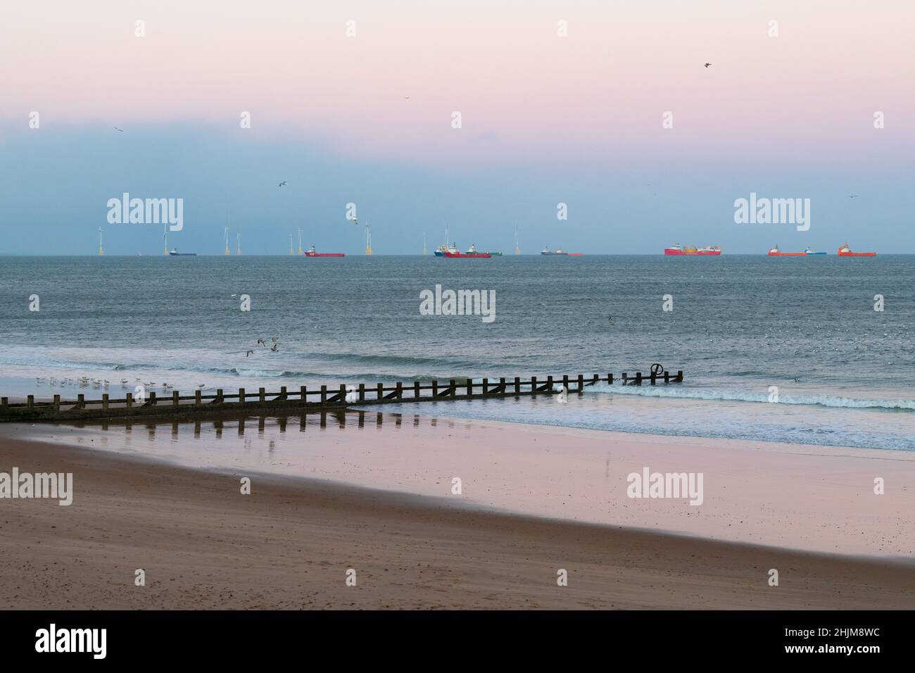 Spiaggia di Aberdeen, parco eolico offshore e navi di rifornimento al tramonto, Aberdeen, Scozia, Regno Unito Foto Stock