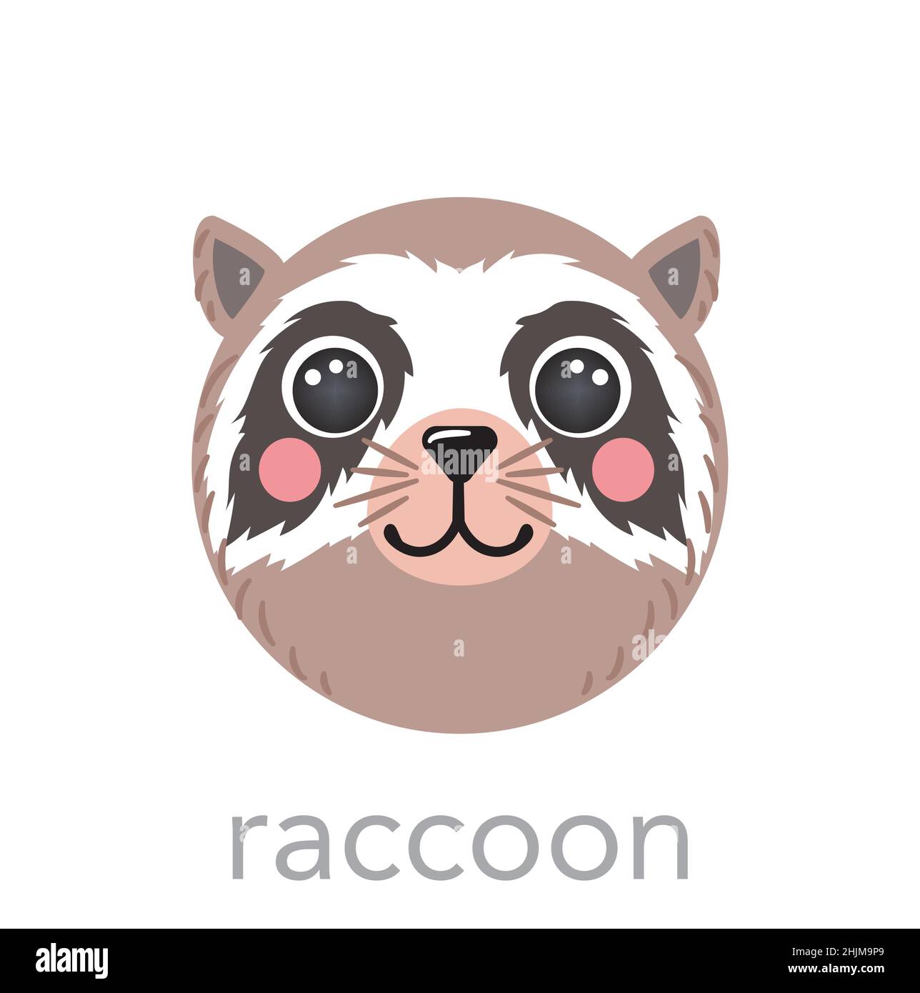Raccoon carino ritratto con nome testo sorriso testa cartone animato avatar forma rotonda faccia animale, isolato vettore icone illustrazioni. Semplice piatto disegnato a mano per i bambini poster, carte, t-shirt, vestiti per bambini Illustrazione Vettoriale