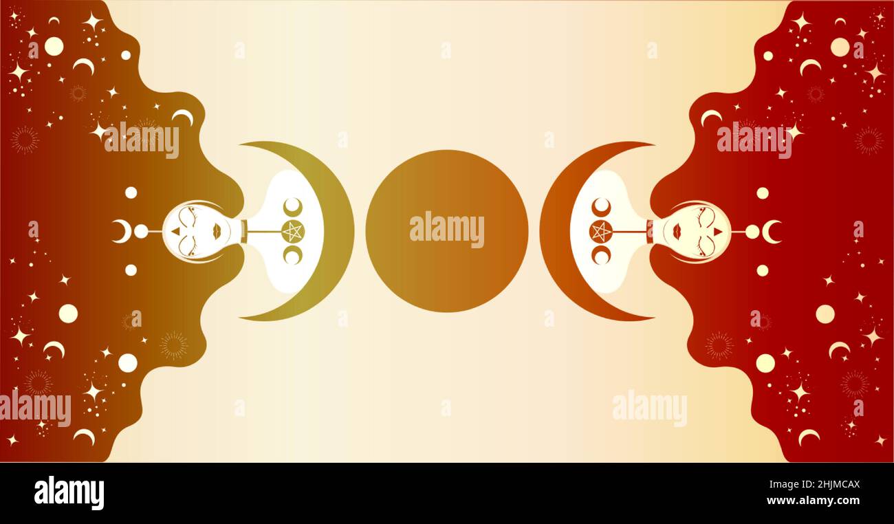 Priestess con capelli lonh, modello banner. Luna tripla, icona sacra della dea delle donne di wiccan. Crescent Moon Religious Wicca segno. Simboli del neopaganismo Illustrazione Vettoriale