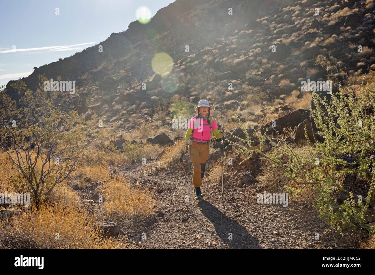 Donna asiatica escursioni nel deserto di sonora della California con lente svasata e ginocchio brace Foto Stock