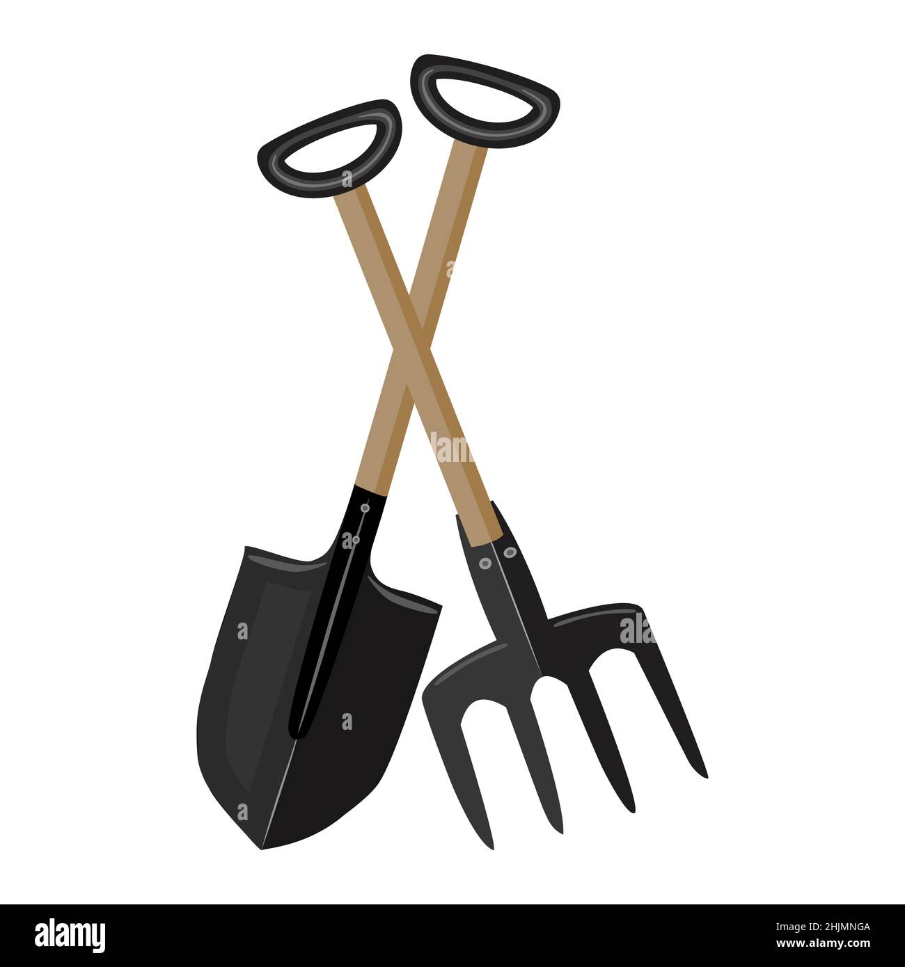 Pala e pitchfork isolato su background.Crossed bianco giardinaggio e agricoltura tool.Garden fork e spade icon.Agriculture attrezzature negozio sign.Vector Illustrazione Vettoriale