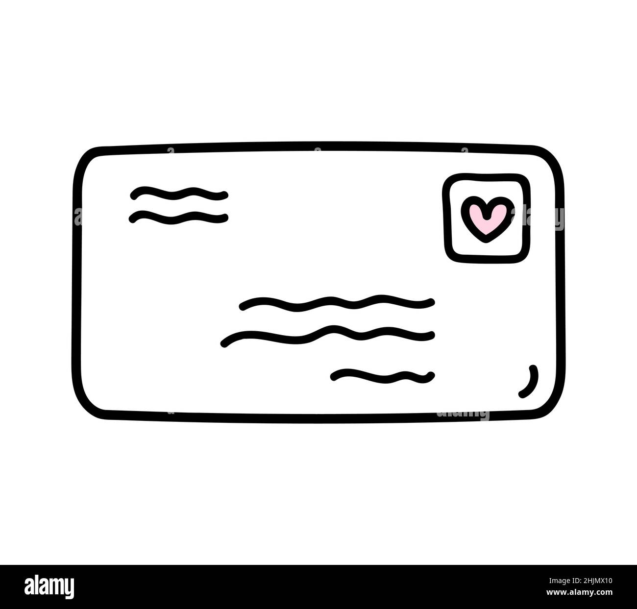 Carino lettera d'amore in una busta isolata su sfondo bianco. Illustrazione vettoriale disegnata a mano in stile doodle. Perfetto per i disegni di San Valentino Illustrazione Vettoriale