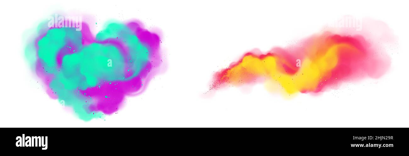 Flusso di fumo di colore e polvere di vernice esplosione in forma di cuore isolato su sfondo trasparente. Set vettoriale realistico di schizzi colorati, nuvole di polvere e spruzzi d'inchiostro Illustrazione Vettoriale