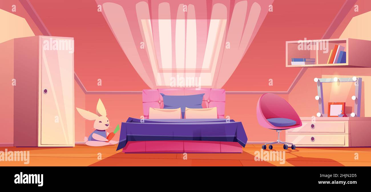 Camera da letto girl su sottotetto con letto, armadio, scaffale, sedia e comò. Illustrazione vettoriale del cartone animato di stanza vuota del mansarda dei bambini con i libri, lo specchio e il giocattolo del coniglio di peluche Illustrazione Vettoriale