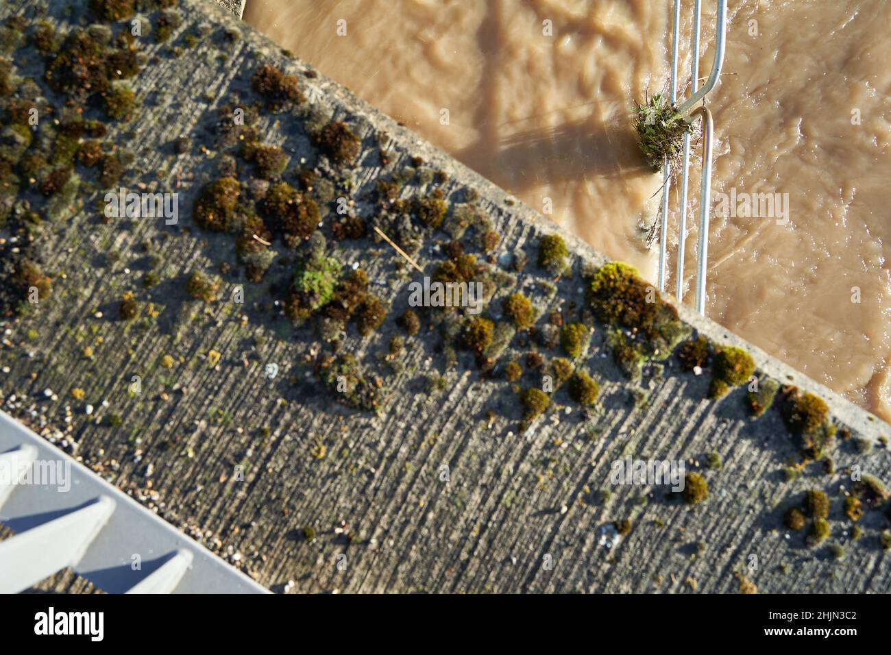 Inondazioni in germania. L'acqua del fiume marrone si lava intorno alle ringhiere. Parete spessa in calcestruzzo e griglia in acciaio sullo sfondo. Vista dall'alto. Foto Stock