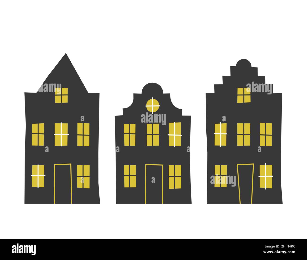 Set vettoriale di vecchi edifici europei tradizionali come le case di Amsterdam. Silhouette isolate nere semplificate, finestre gialle. Stile geometrico Illustrazione Vettoriale