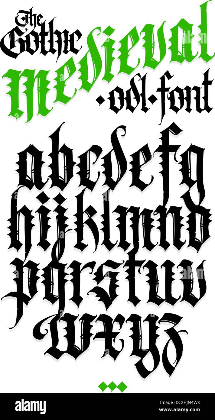 Alfabeto gotico. Vettore. Lettere bianche latine medievali su sfondo nero. Carattere elegante per il design tatuaggio. Antico stile europeo. Vecchio carattere di fantasia. Illustrazione Vettoriale
