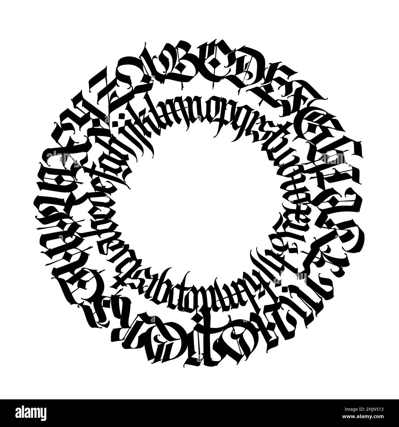 Motivo, ornamento in stile gotico. Vettore. Intero alfabeto. Lettere nere latine medievali in un cerchio. Calligrafia e lettere. Design per tessuti Illustrazione Vettoriale