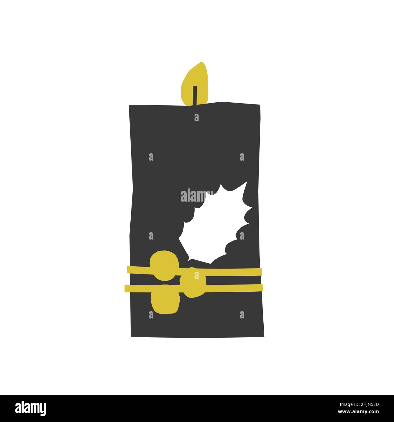 Vettore isolato mano piatta disegnata illustrazione di Natale. Candela di cera nera con fiamma gialla, decorata da agrifoglio. Forma minimalista semplificata, Scandin Illustrazione Vettoriale