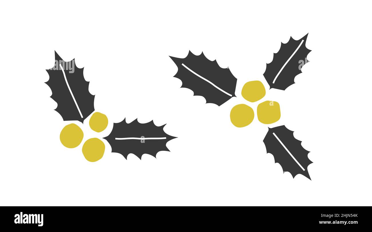 Vettore isolato mano piatta disegnata illustrazione di Natale. Foglia nera con bacche gialle di Holly Plant (Ilex). Forma minimalistica semplificata, Scandinav Illustrazione Vettoriale