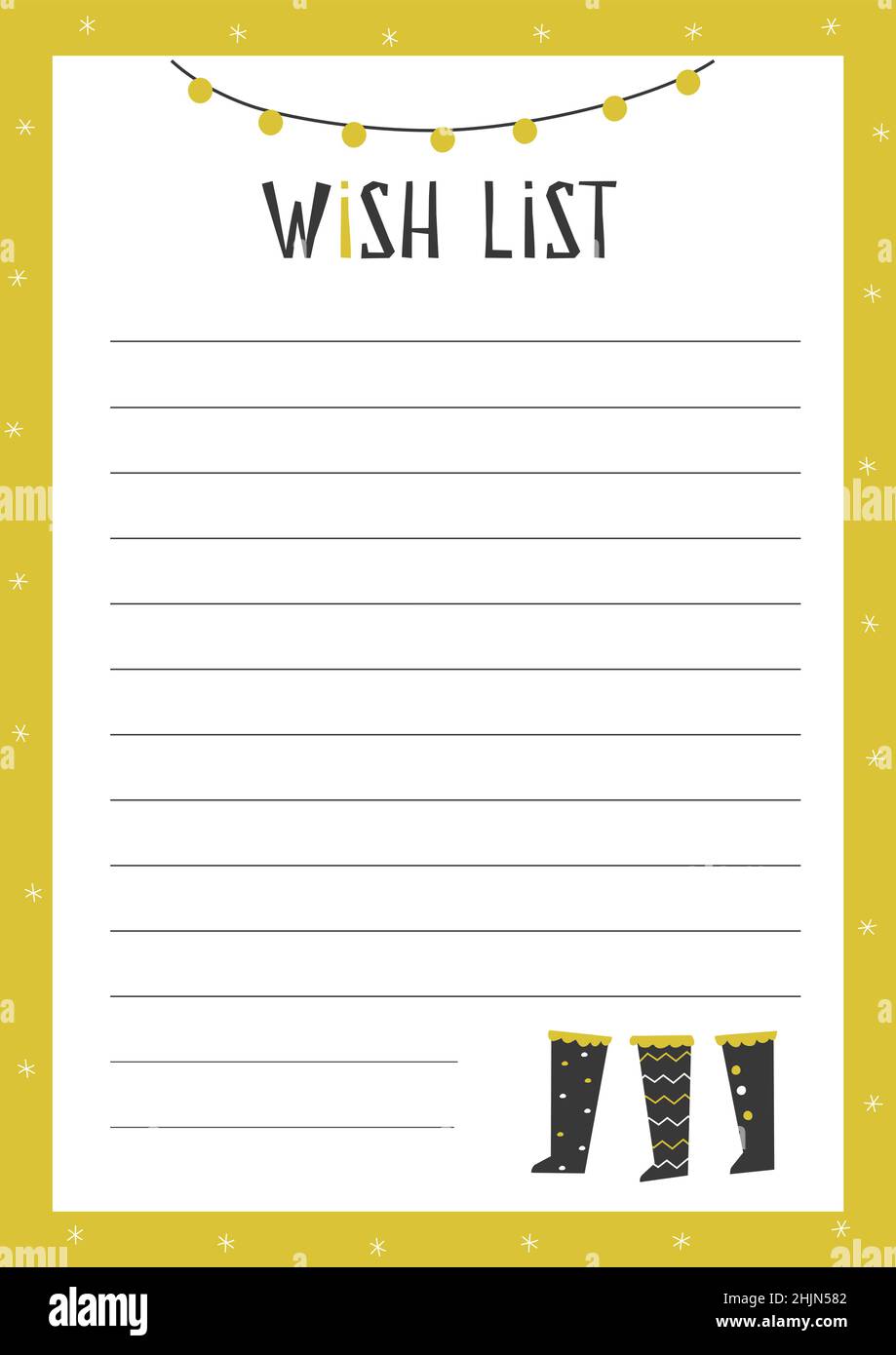 Modello vettoriale con illustrazione piatta e spazio per la scrittura della Wish List durante le festività di Natale e Capodanno. Messaggio su carta per Babbo Natale. Scansione Illustrazione Vettoriale