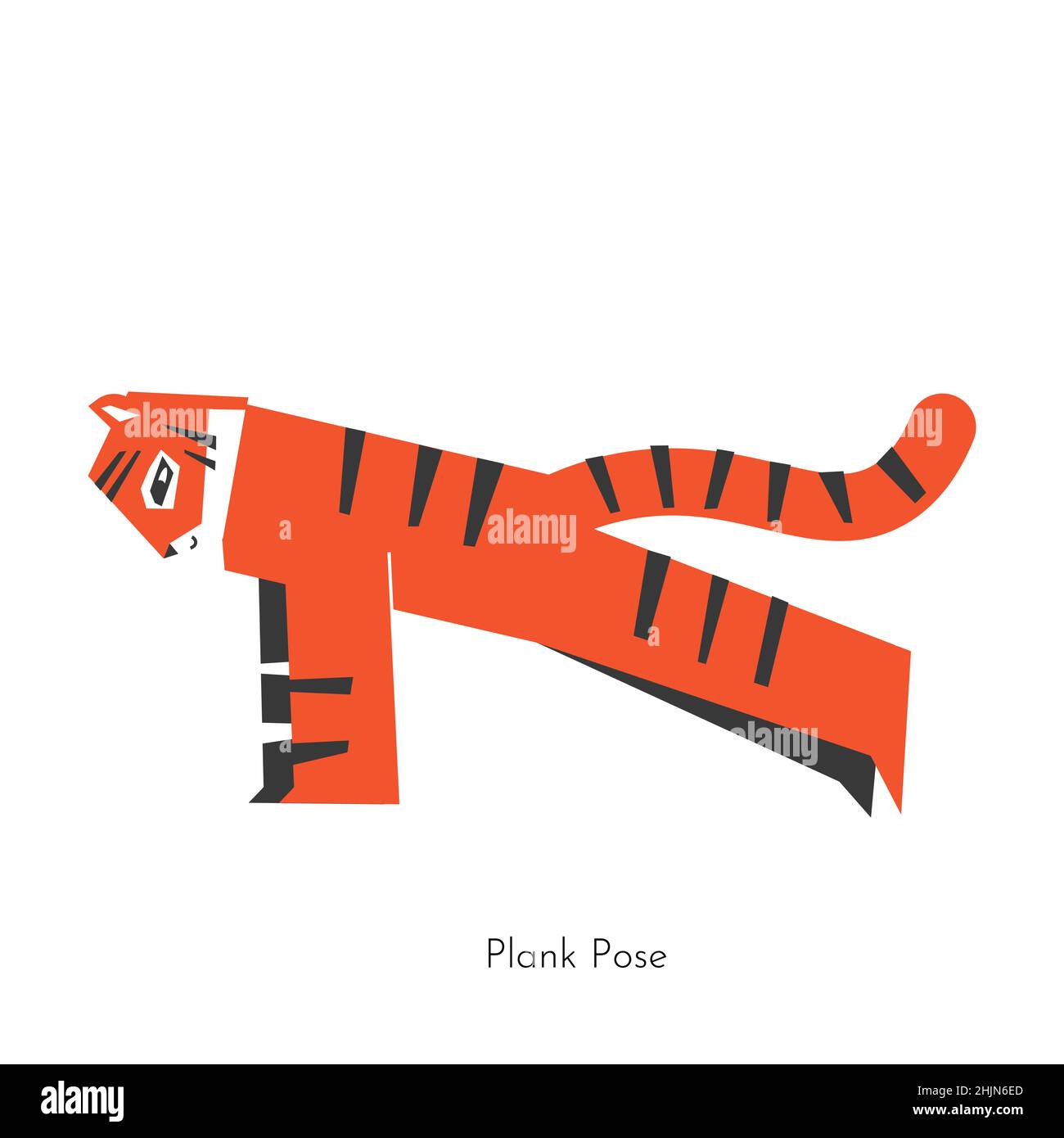 Illustrazione isolata vettoriale con carattere animale piatto. La tigre cinese apprende una postura rilassante e fa la posizione di Plank alla pratica dello yoga. Esercizio di base per Illustrazione Vettoriale