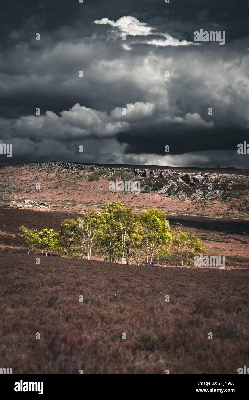 Luogo soleggiato di luce dorata dopo una violenta tempesta nel Peak District Foto Stock