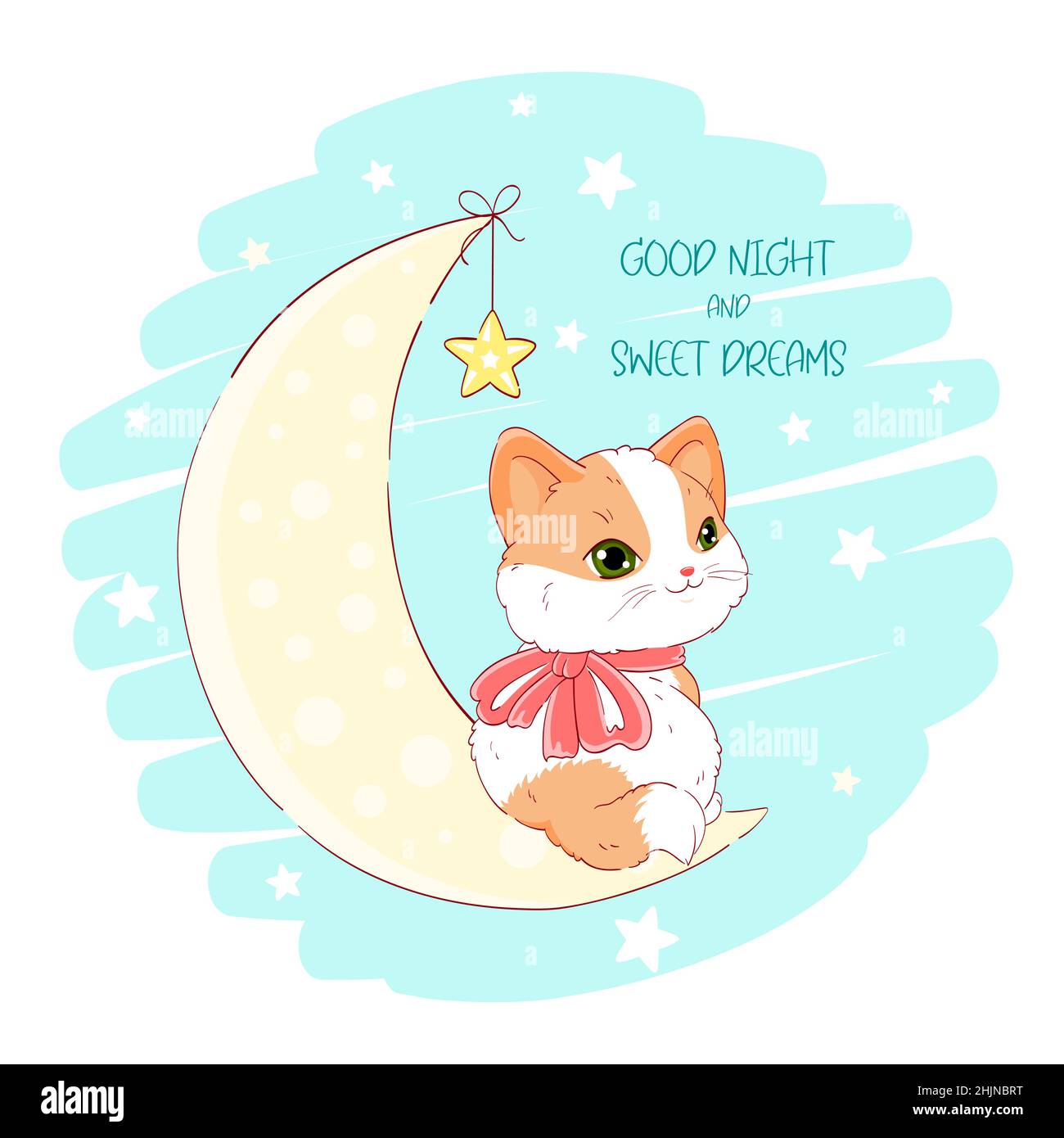 Carino gatto sulla luna. Buona notte e sogni dolci. Gattino con arco rosa a mezzaluna. Può essere utilizzato per stampe di magliette per bambini, poster per vivai, ba Illustrazione Vettoriale